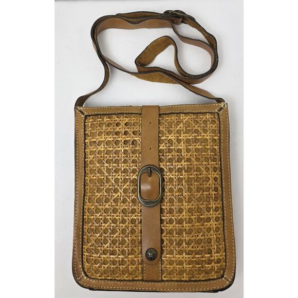 Patricia Nash Venezian Tan Leather and Rattan Crossbody Bag - Picture 1 of 7